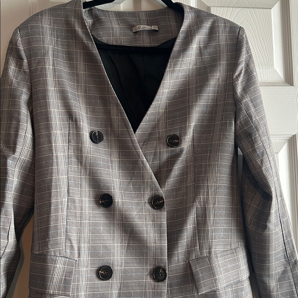 Gray Plaid Double-Breasted Blazer Dress - Picture 3 of 11